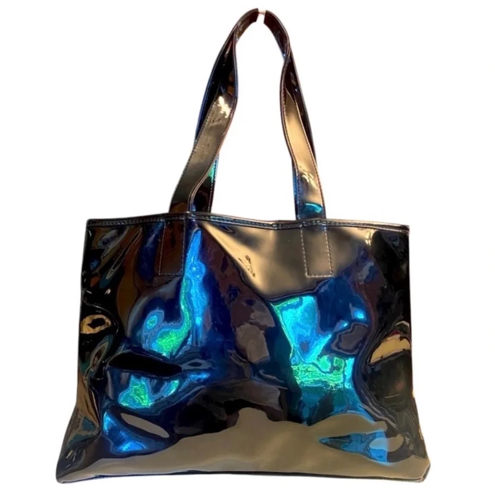 SEE BY CHLOE Black Patent Leather Tote w/Detachable Pouch w/Cheetah Print, EUC